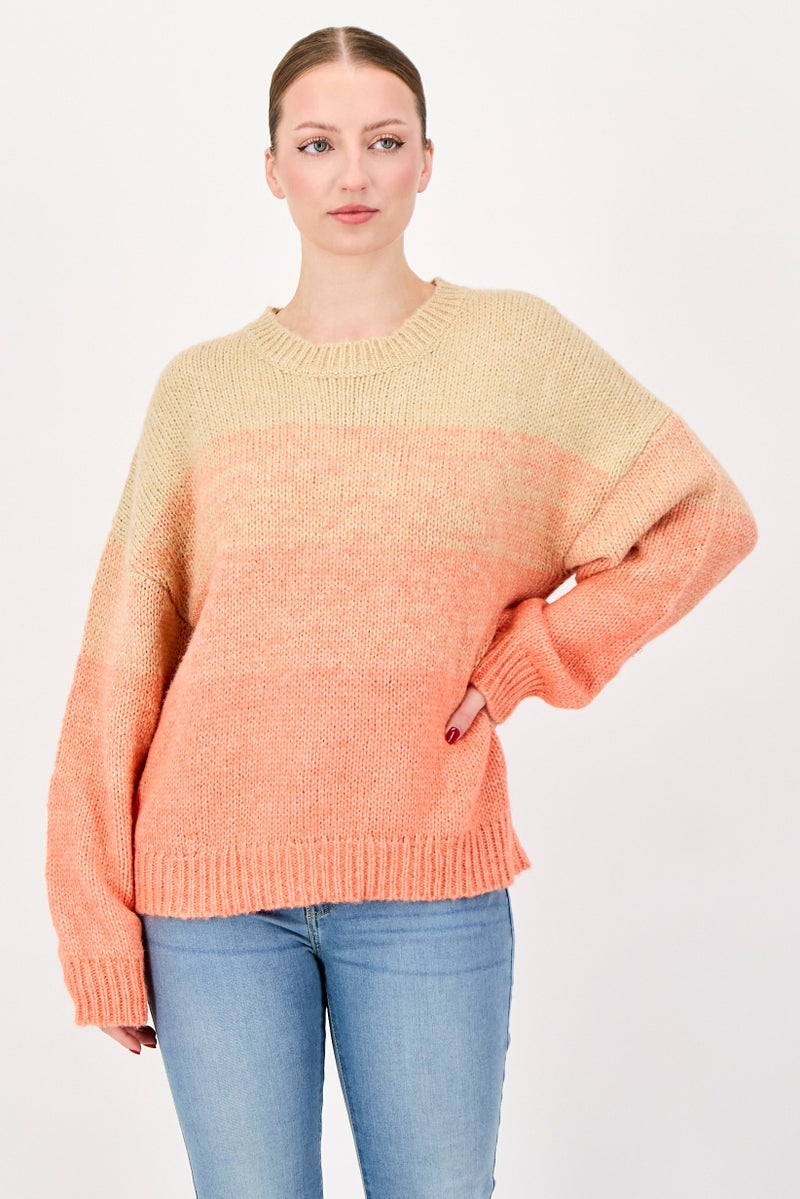 Fire & Glory Women Crew Neck Crochet Sweater, Orange - Image 1